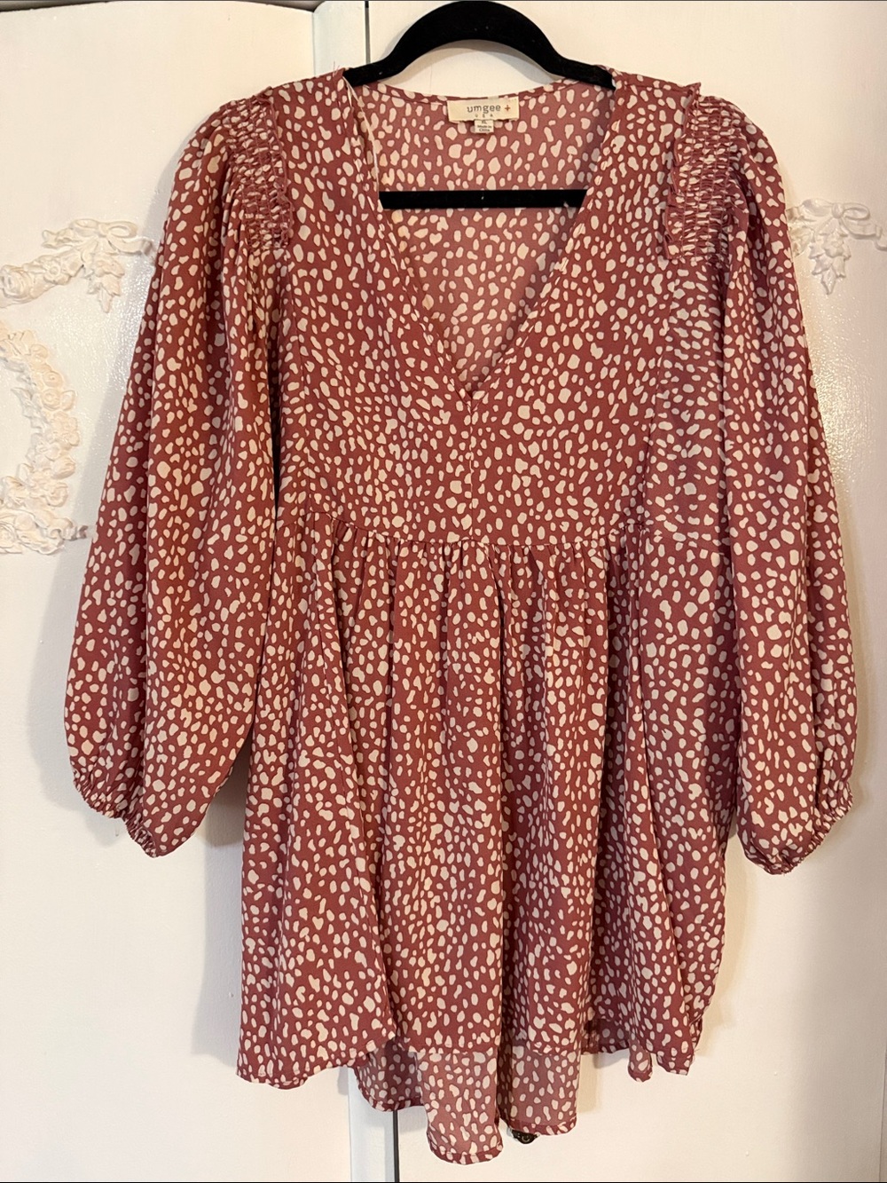 Umgee Mauve Pink Printed V-Neck Babydoll Blouse XL